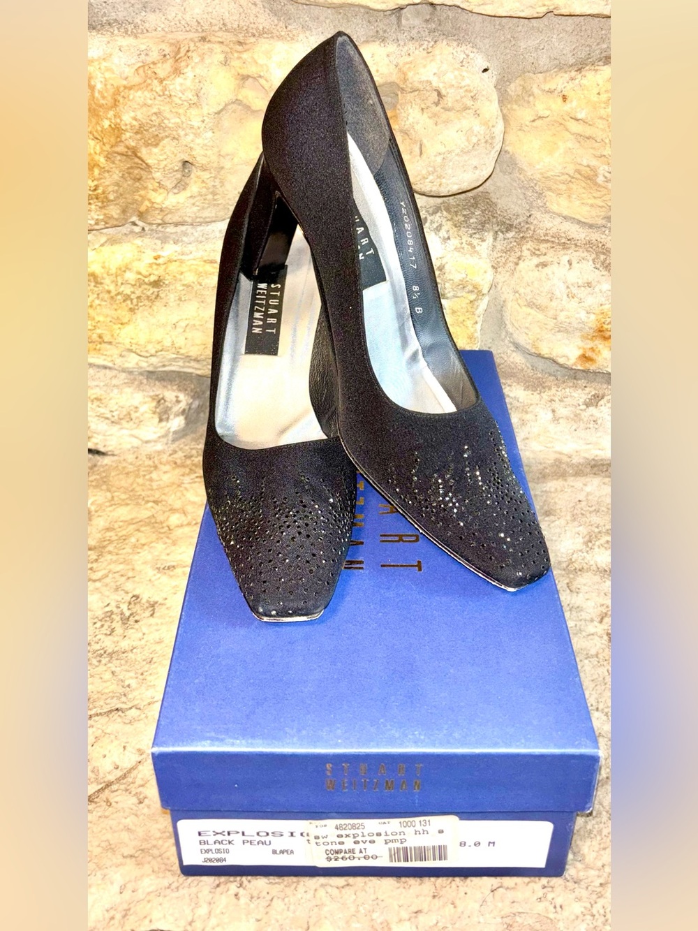 STUART WEITZMAN Vintage Black Satin Rhinestone Explosion Pumps 8.5 Retail $260